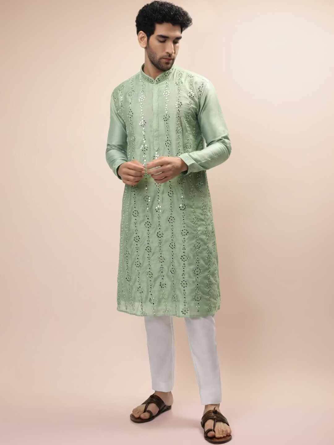 

KALKI Fashion Floral Embroidered Mirror Work Straight Kurta with Pyjamas, Green