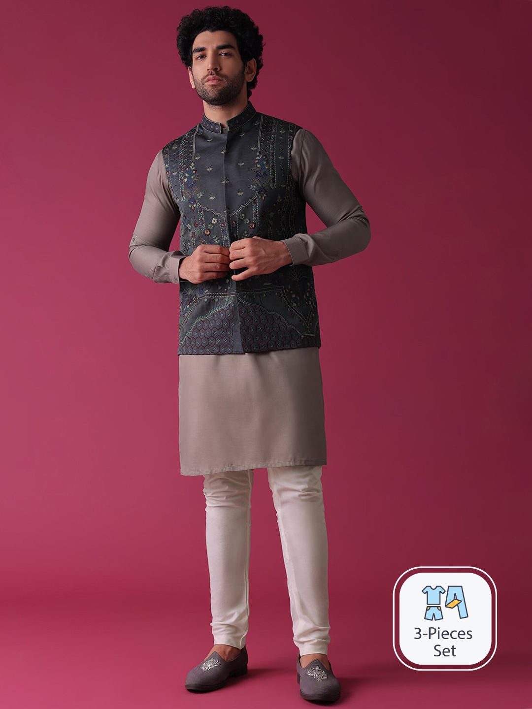 

KALKI Fashion Mandarin Collar Straight Kurta with Churidar, Grey