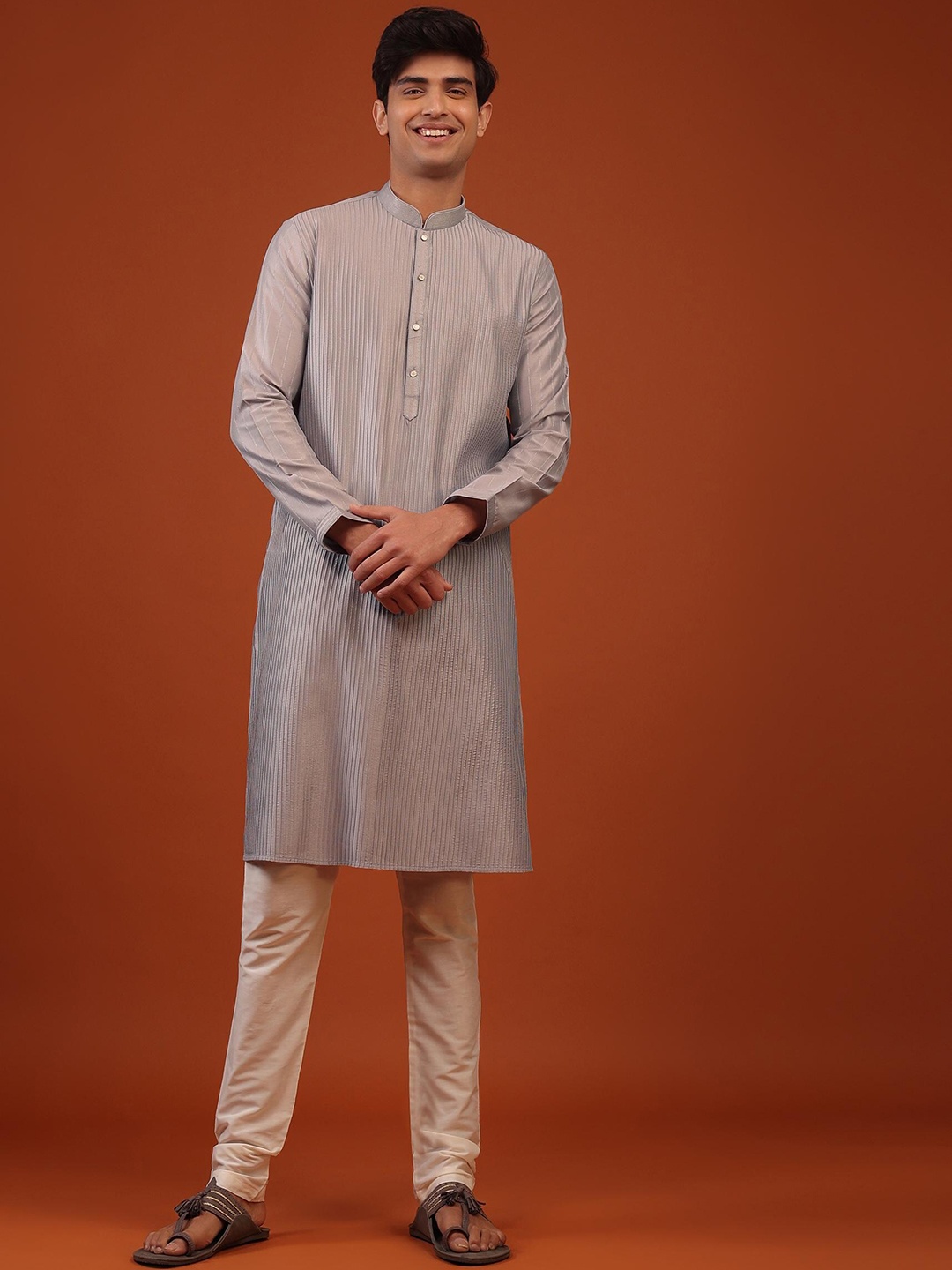 

KALKI Fashion Striped Mandarin Collar Kurta with Churidar, Grey