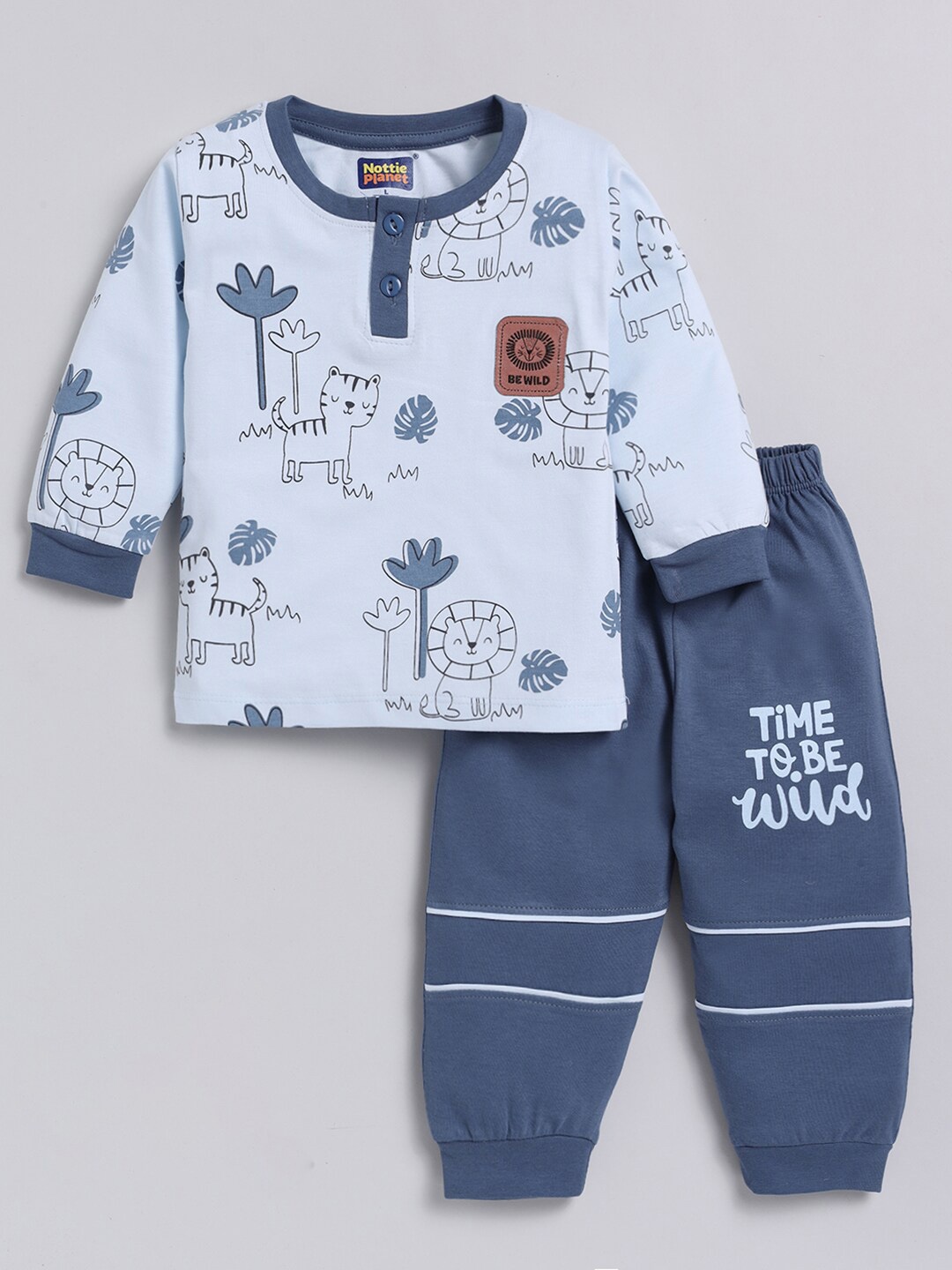 

Nottie Planet Boys Printed Pure Cotton T-shirt with Trousers, Blue
