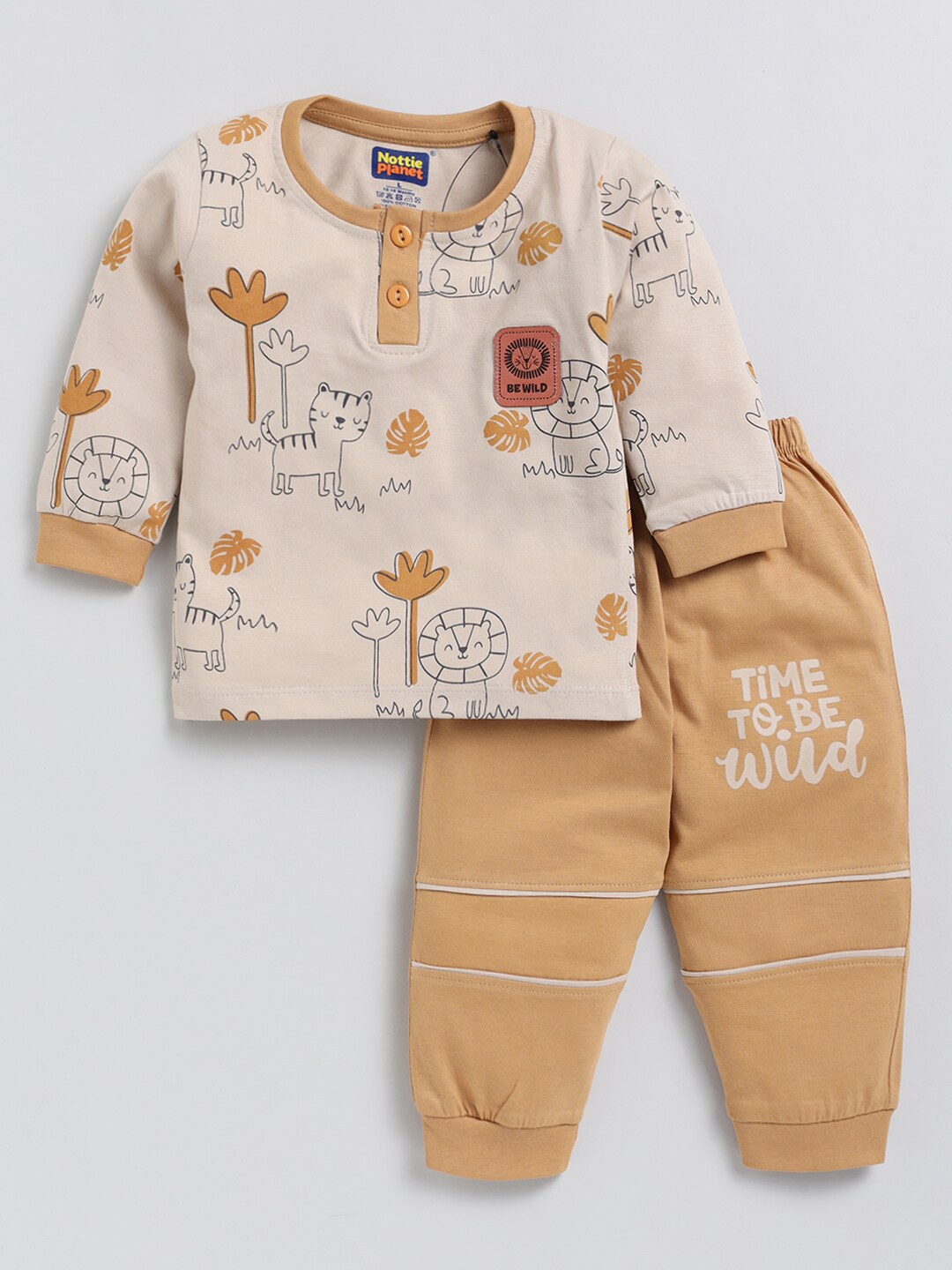 

Nottie Planet Boys Printed Pure Cotton T-shirt with Trousers, Brown