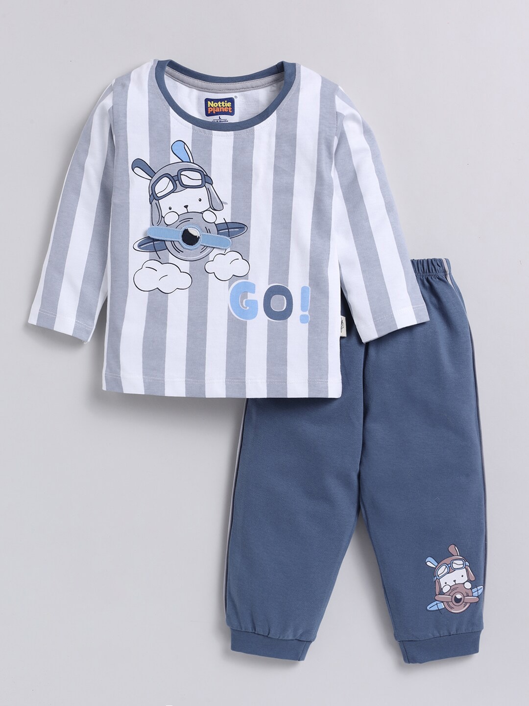 

Nottie Planet Boys Striped Pure Cotton T-shirt with Trouser, Grey
