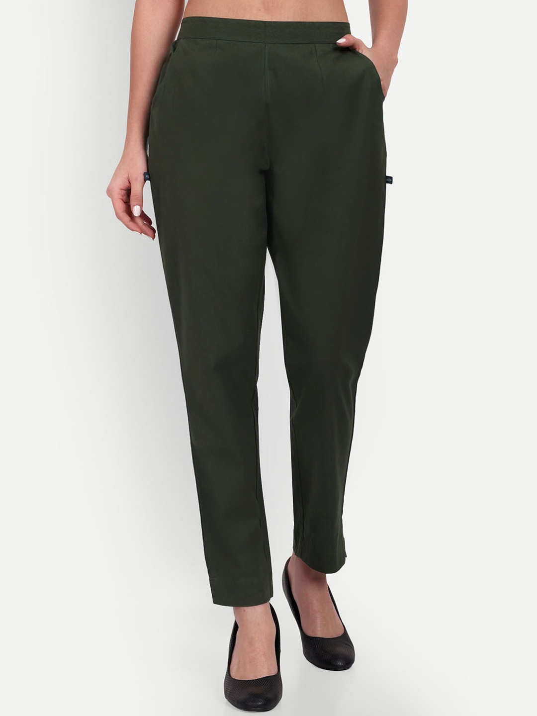 

githaan Women Relaxed Straight Leg Mid-Rise Easy Wash Cotton Trousers, Green