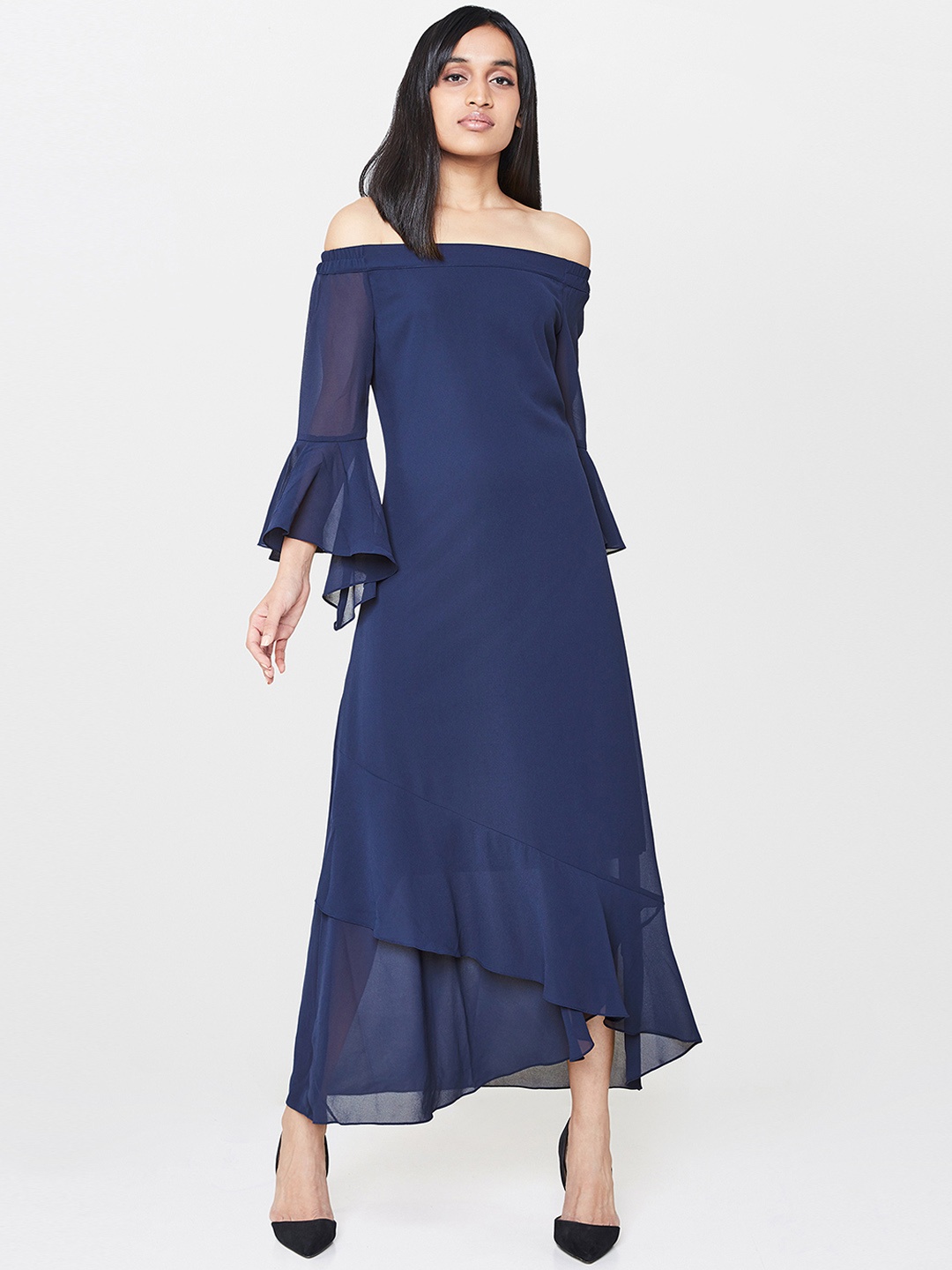 

AND Women Navy Blue Solid Off-Shoulder A-Line Maxi Dress