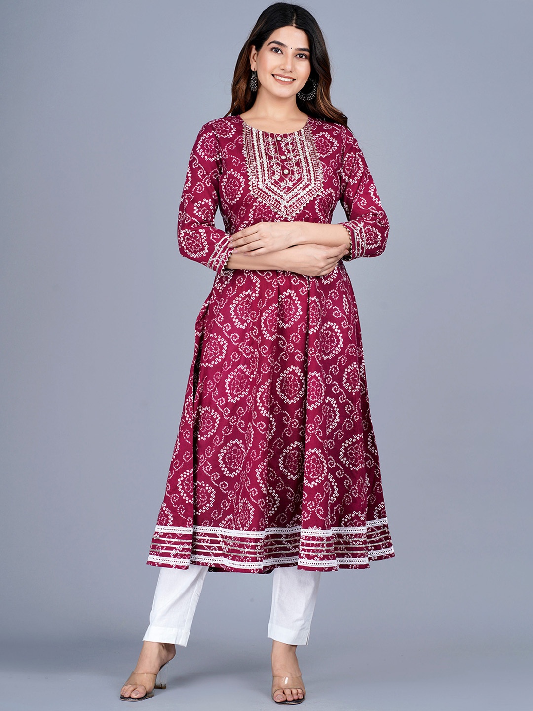 

JAIPURI COLLECTION Bandhani Printed Cotton Aline Kurta, Maroon