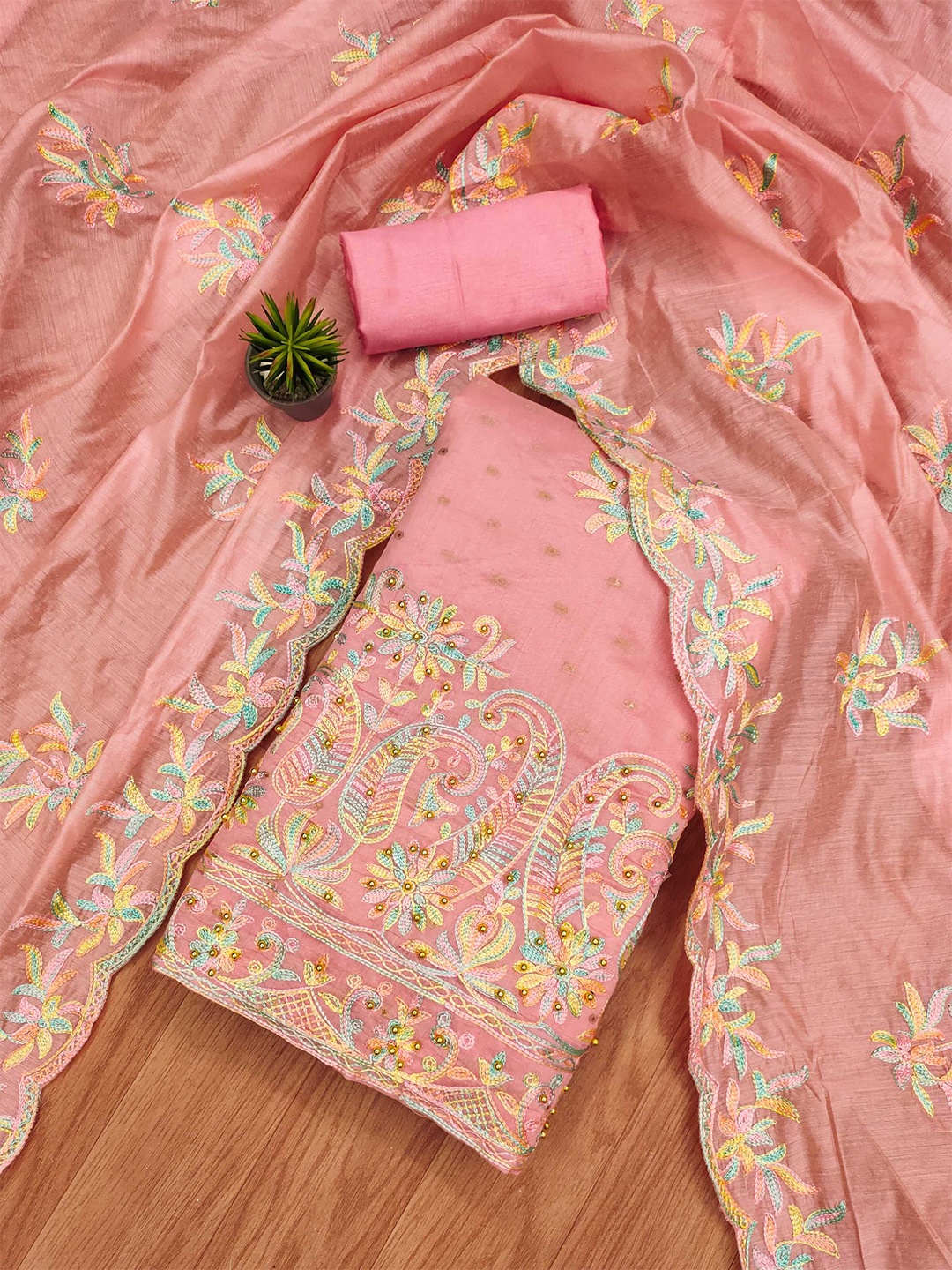 

KALINI Floral Embroidered Unstitched Dress Material, Pink