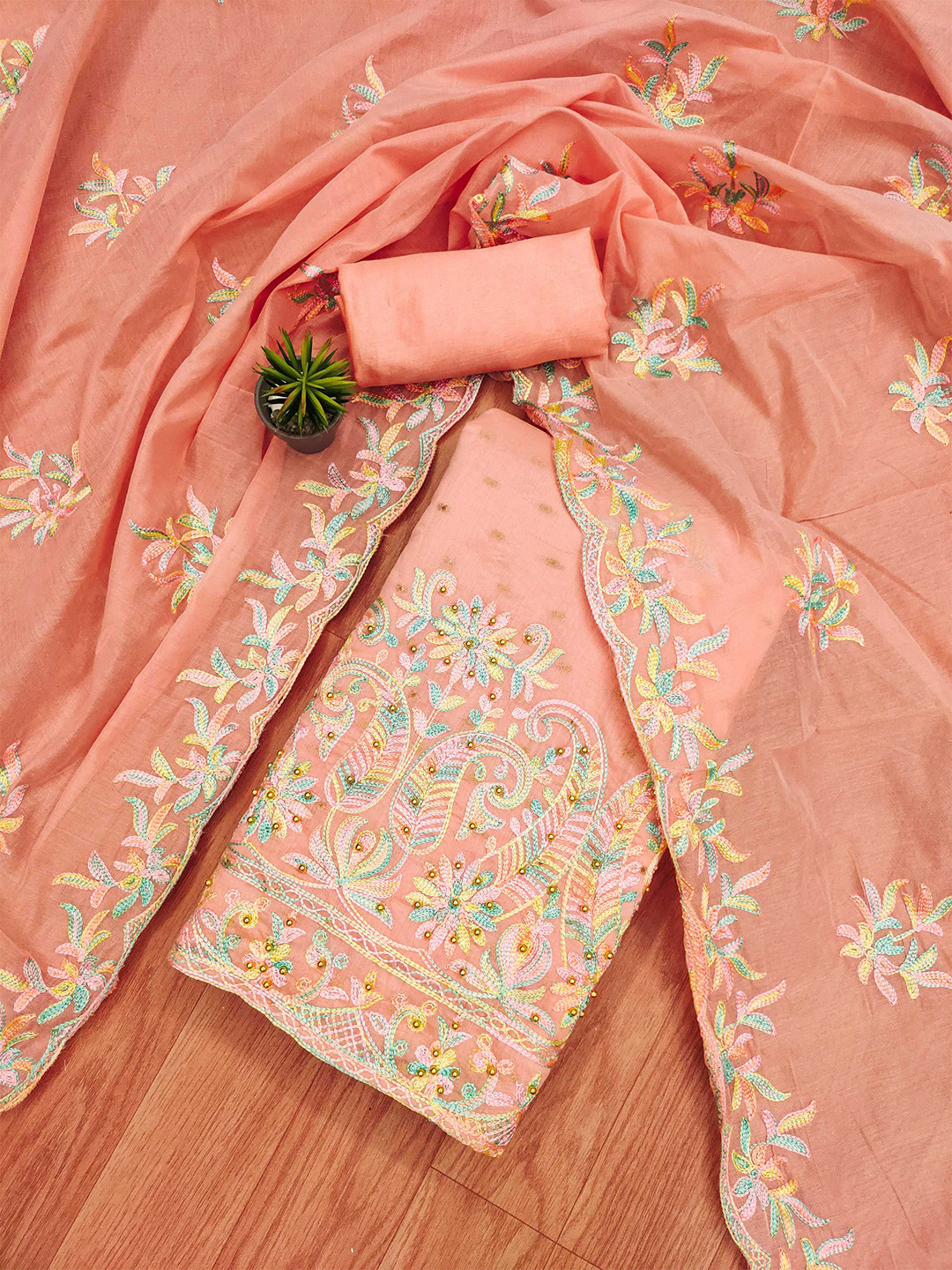 

KALINI Floral Embroidered Unstitched Dress Material, Peach