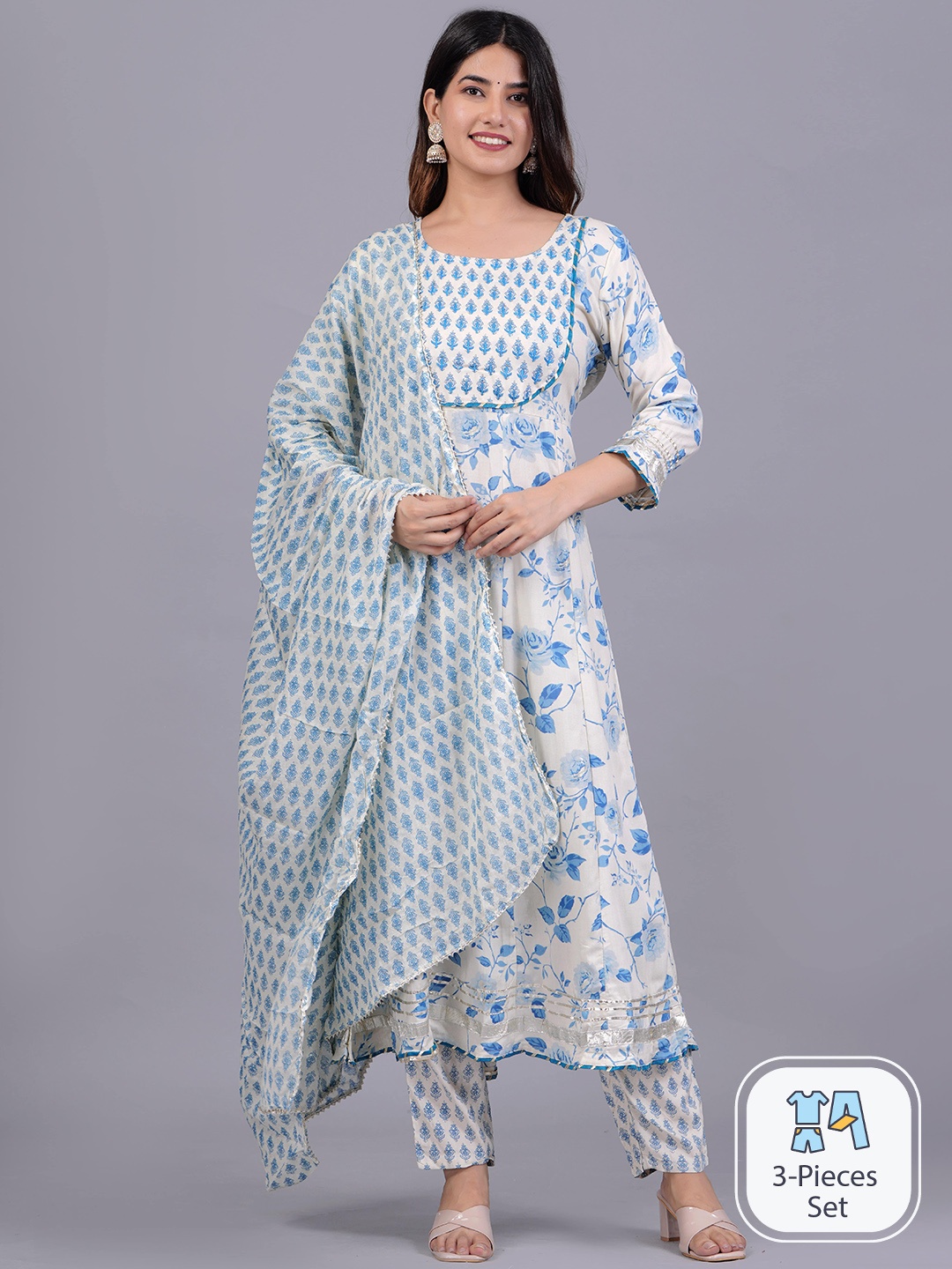 

KALINI Floral Printed Kurta With Trousers & Dupatta, Blue