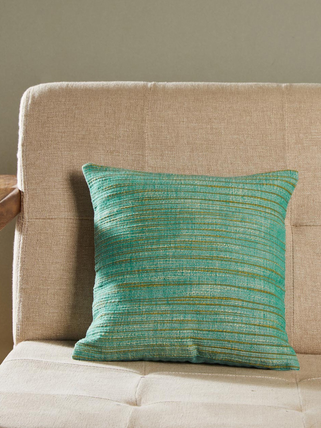 

Fabindia Teal & Yellow Striped Cotton Square Cushion Cover
