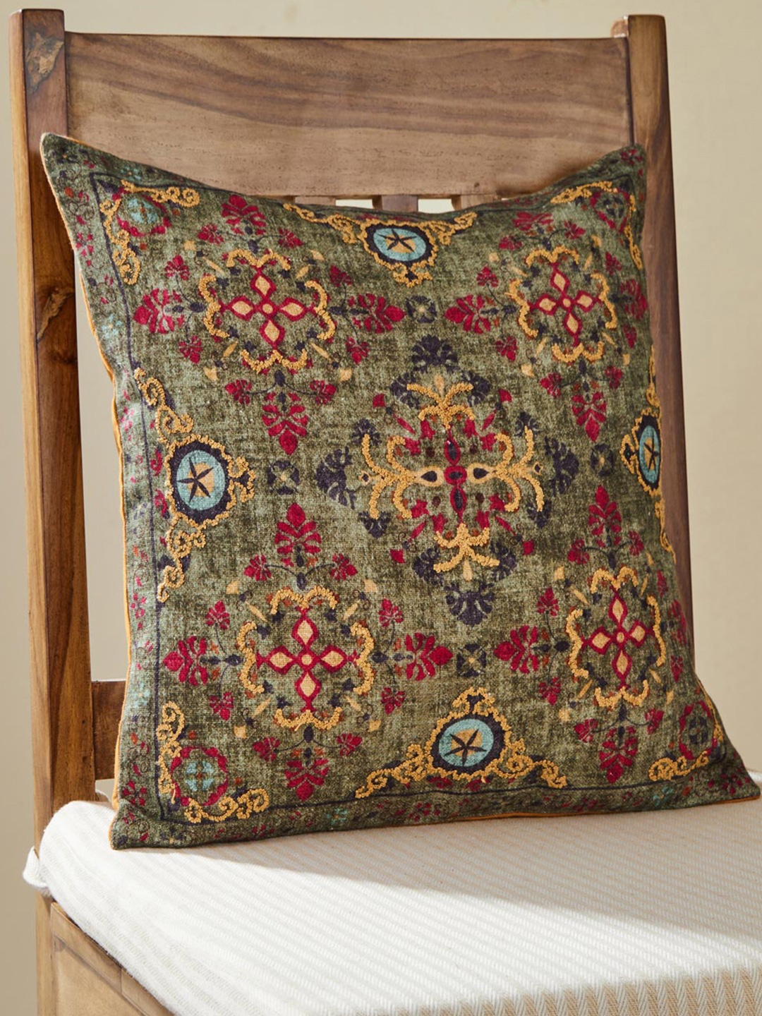 

Fabindia Green & Pink Ethnic Motifs Cotton Square Cushion Cover