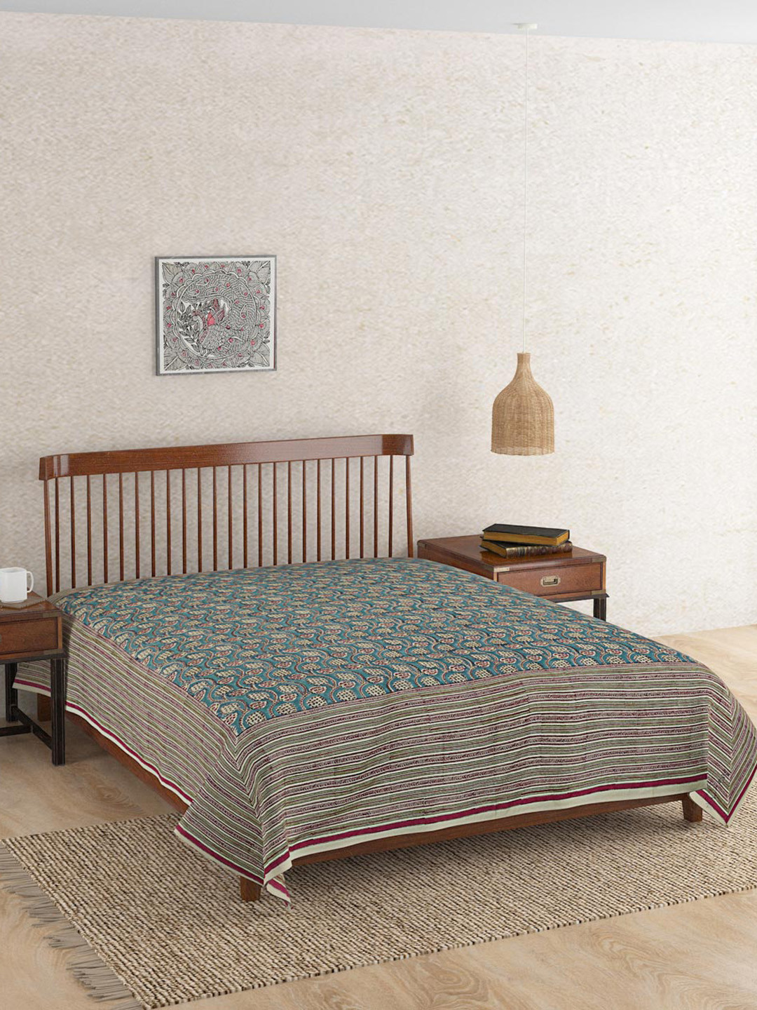 

Fabindia Blue & Pink Printed 120 TC Cotton Double Queen Bed Cover