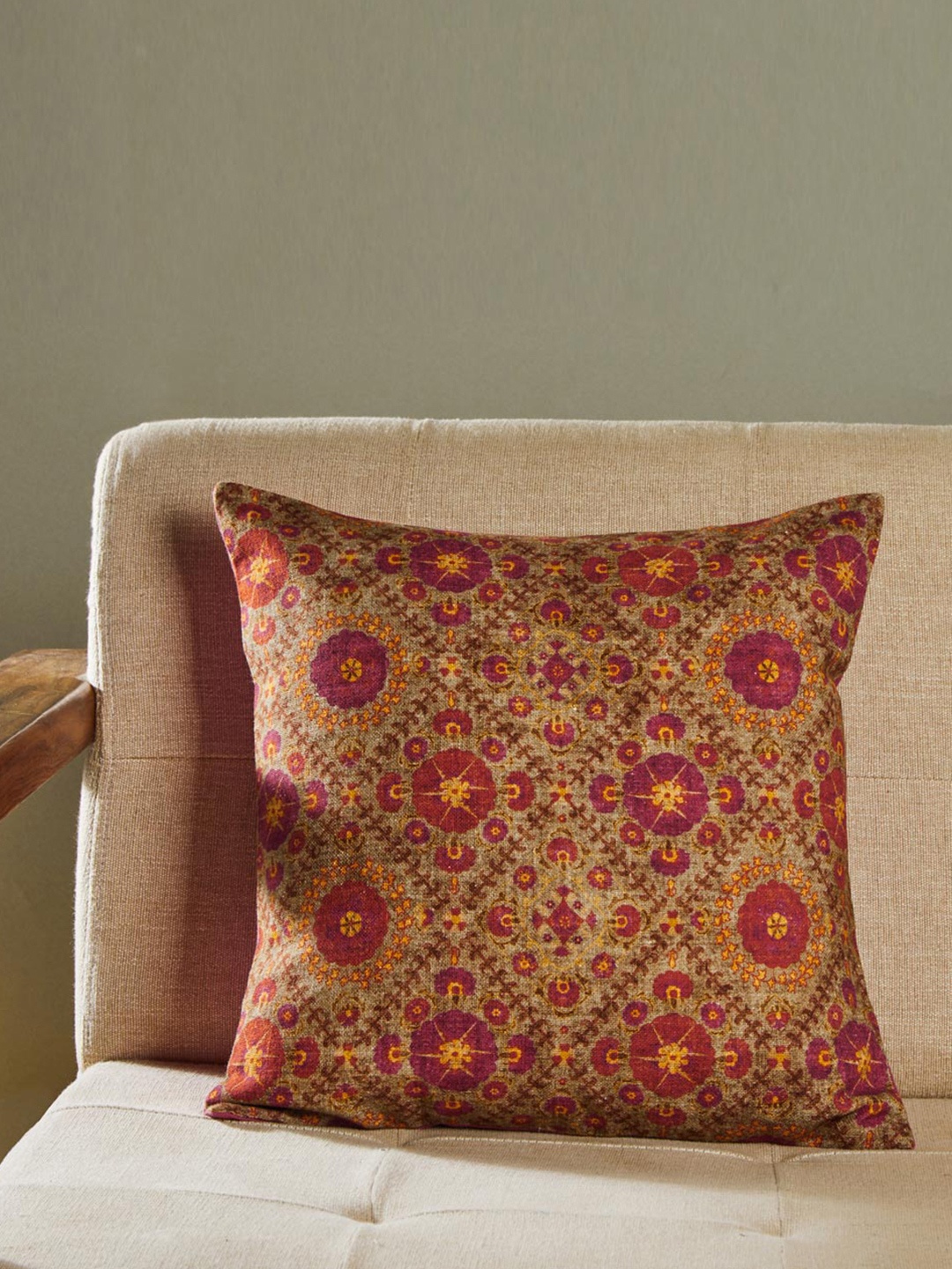 

Fabindia Nieta Jaal Gold-Toned & Pink Ethnic Motifs Cotton Square Cushion Cover