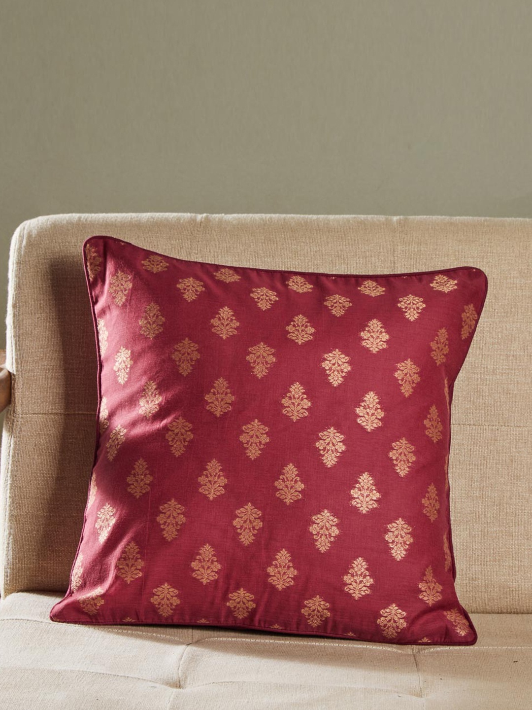 

Fabindia Gulbahar Maroon & Gold-Toned Ethnic Motifs Square Cushion Cover