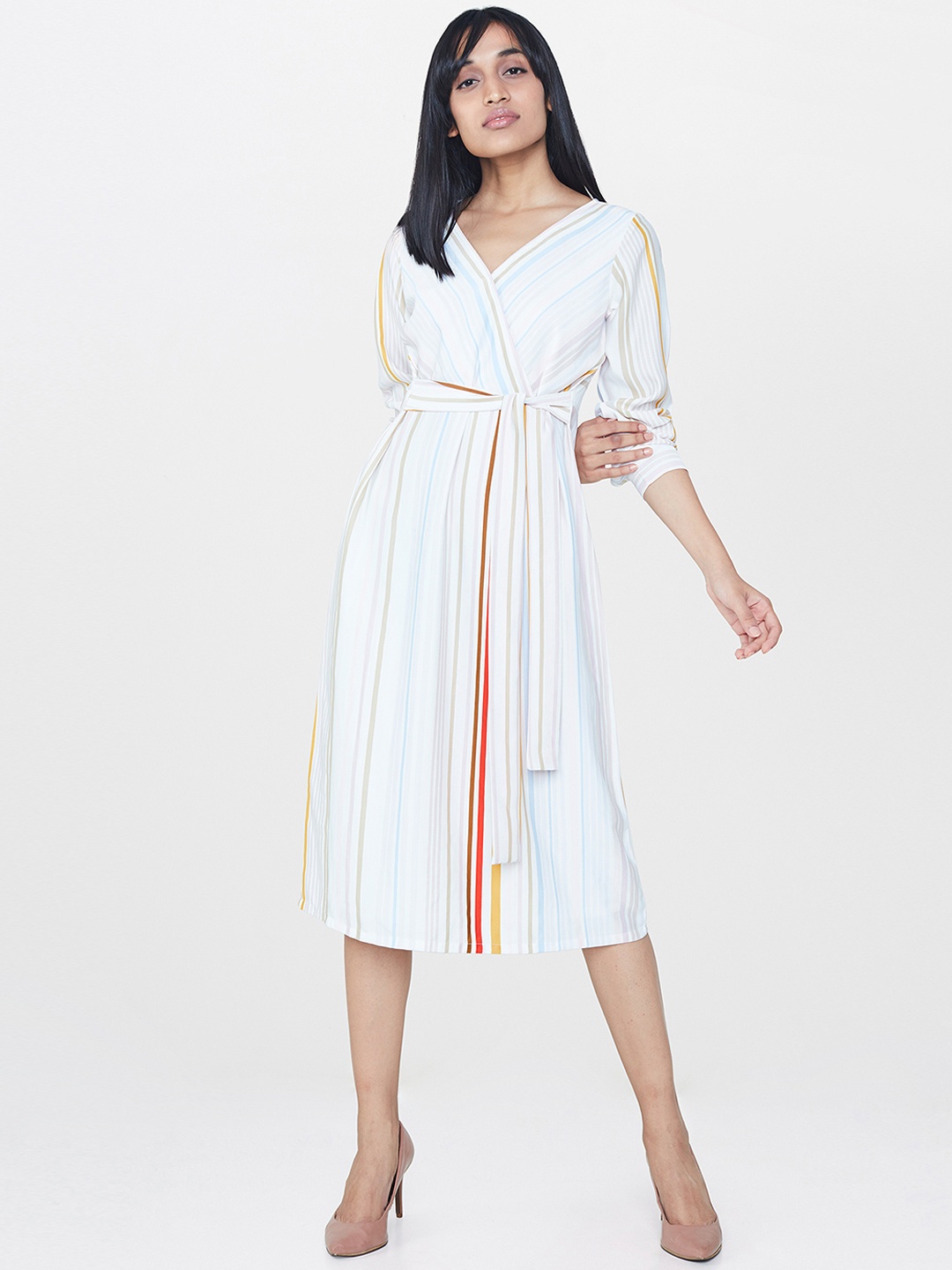

AND Women Off-White Striped A-Line Dress