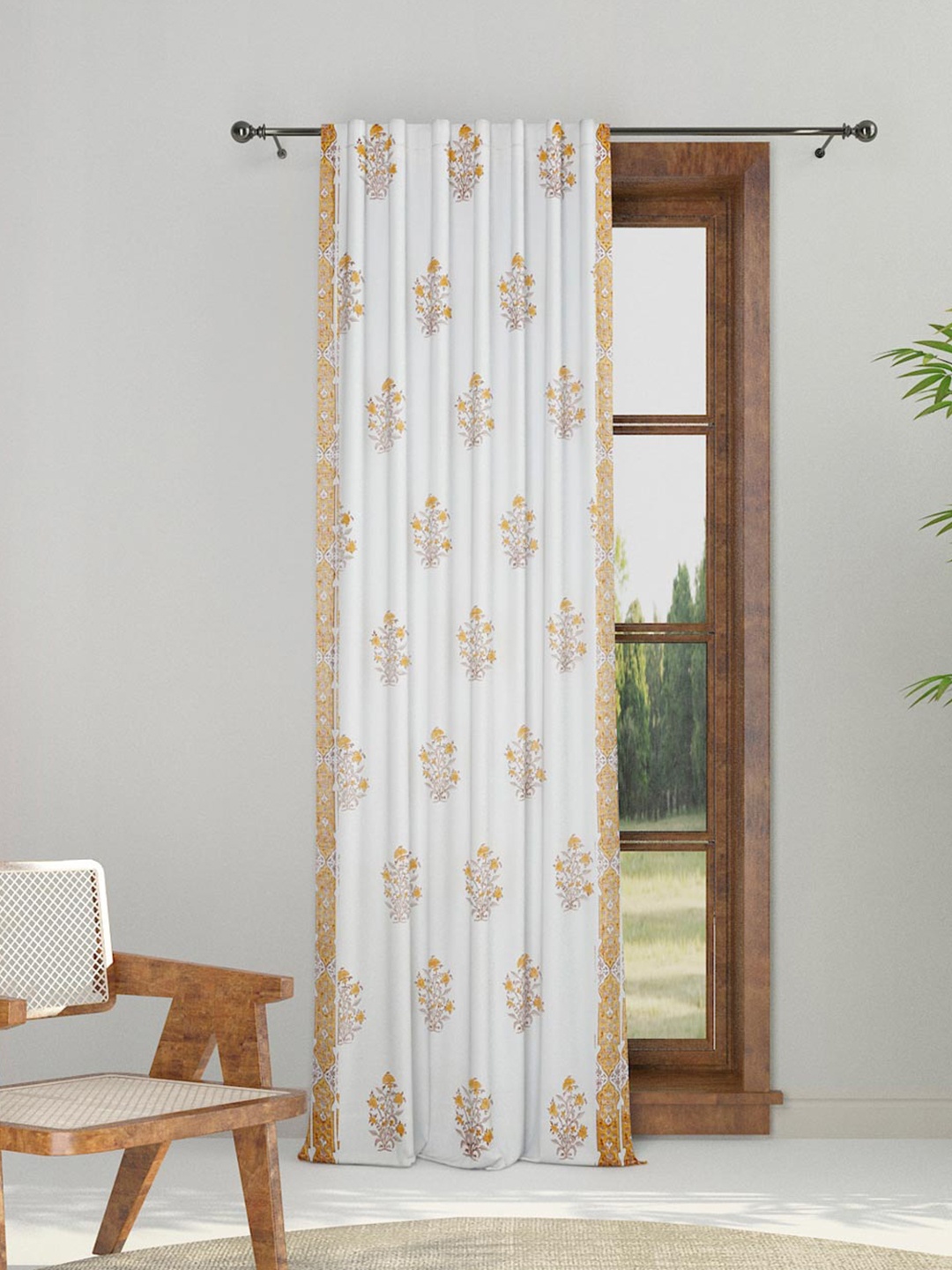 

Fabindia Yellow & White Ethnic Motifs Cotton Sheer Window Curtain