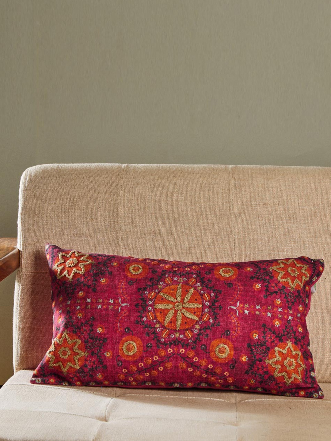 

Fabindia Fuchsia & Gold-Toned Embroidered Cotton Rectangle Cushion Cover