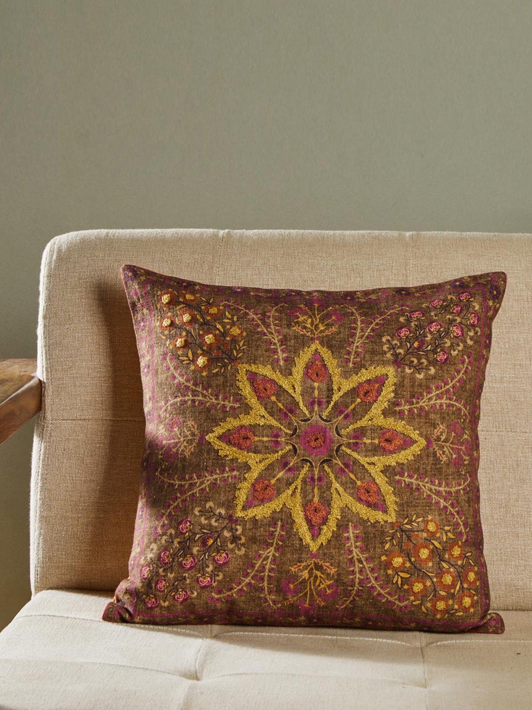 

Fabindia Gold-Toned & Pink Embroidered Cotton Square Cushion Cover