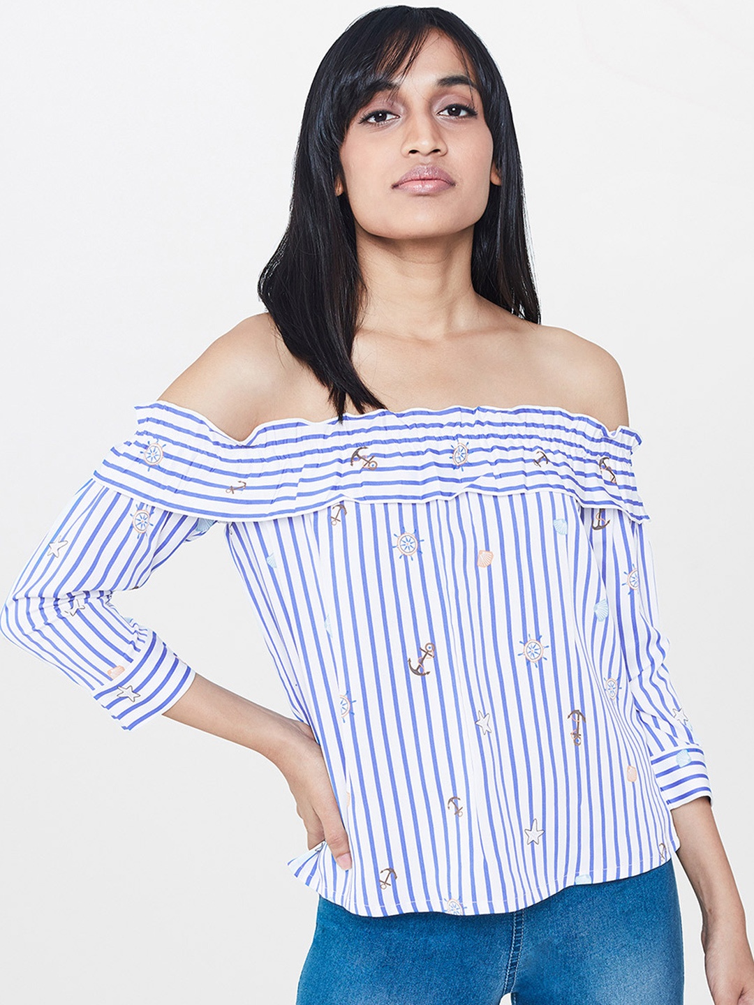 

AND Women White Striped Bardot Top