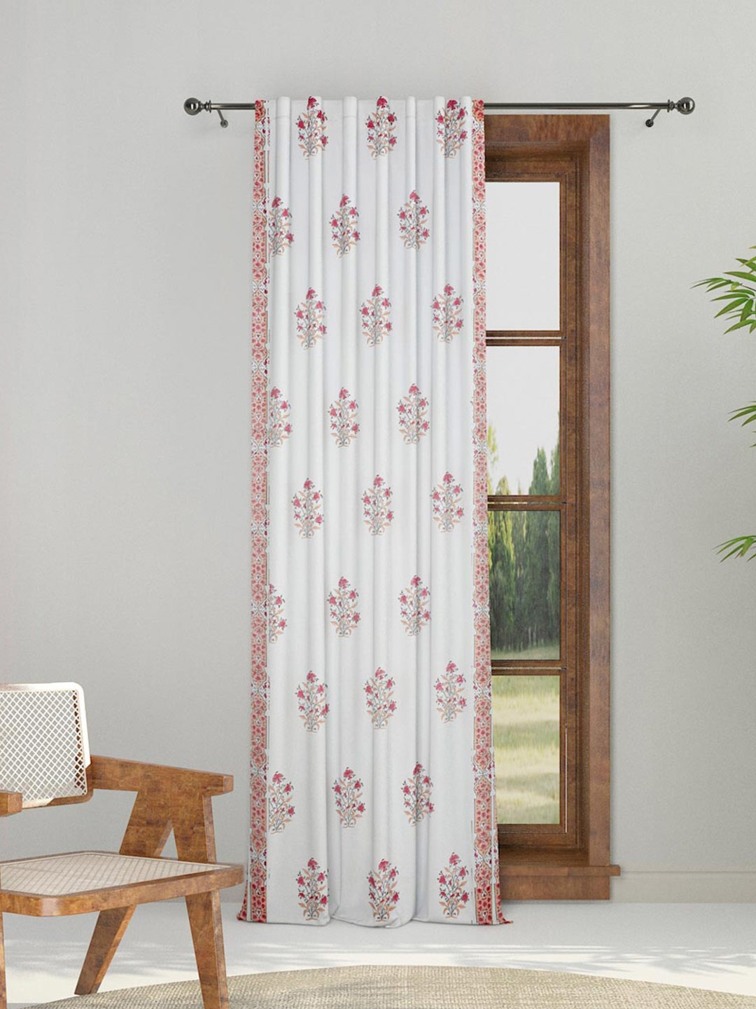 

Fabindia White & Coral Ethnic Motifs Cotton Sheer Window Curtain