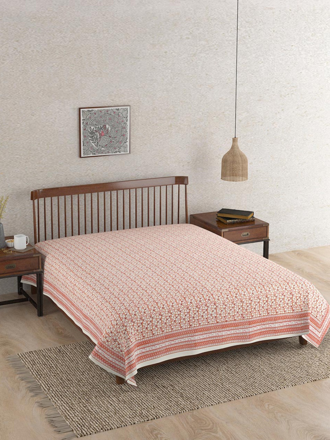 

Fabindia Coral & White Printed Cotton Bed Cover