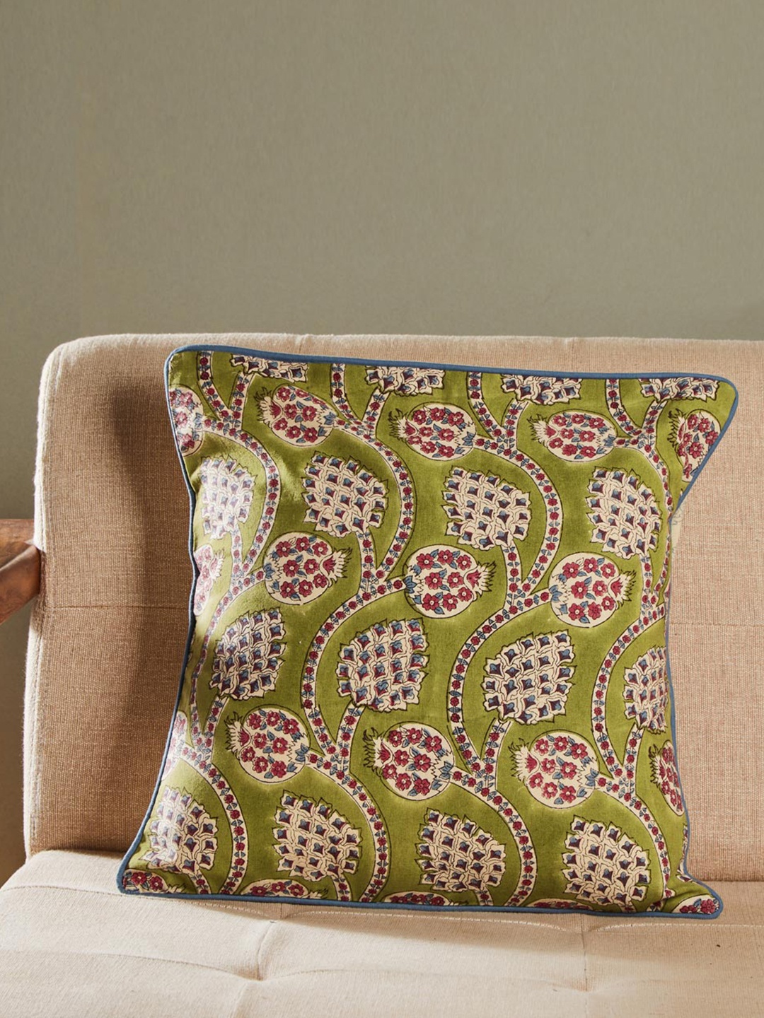 

Fabindia Afreen Bel Green & Pink Ethnic Motifs Cotton Square Cushion Cover