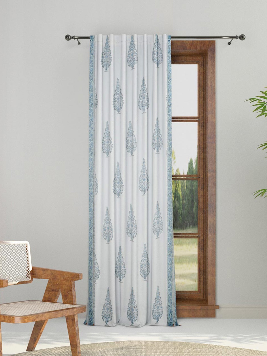 

Fabindia White & Blue Ethnic Motifs Printed Cotton Sheer Door Curtain