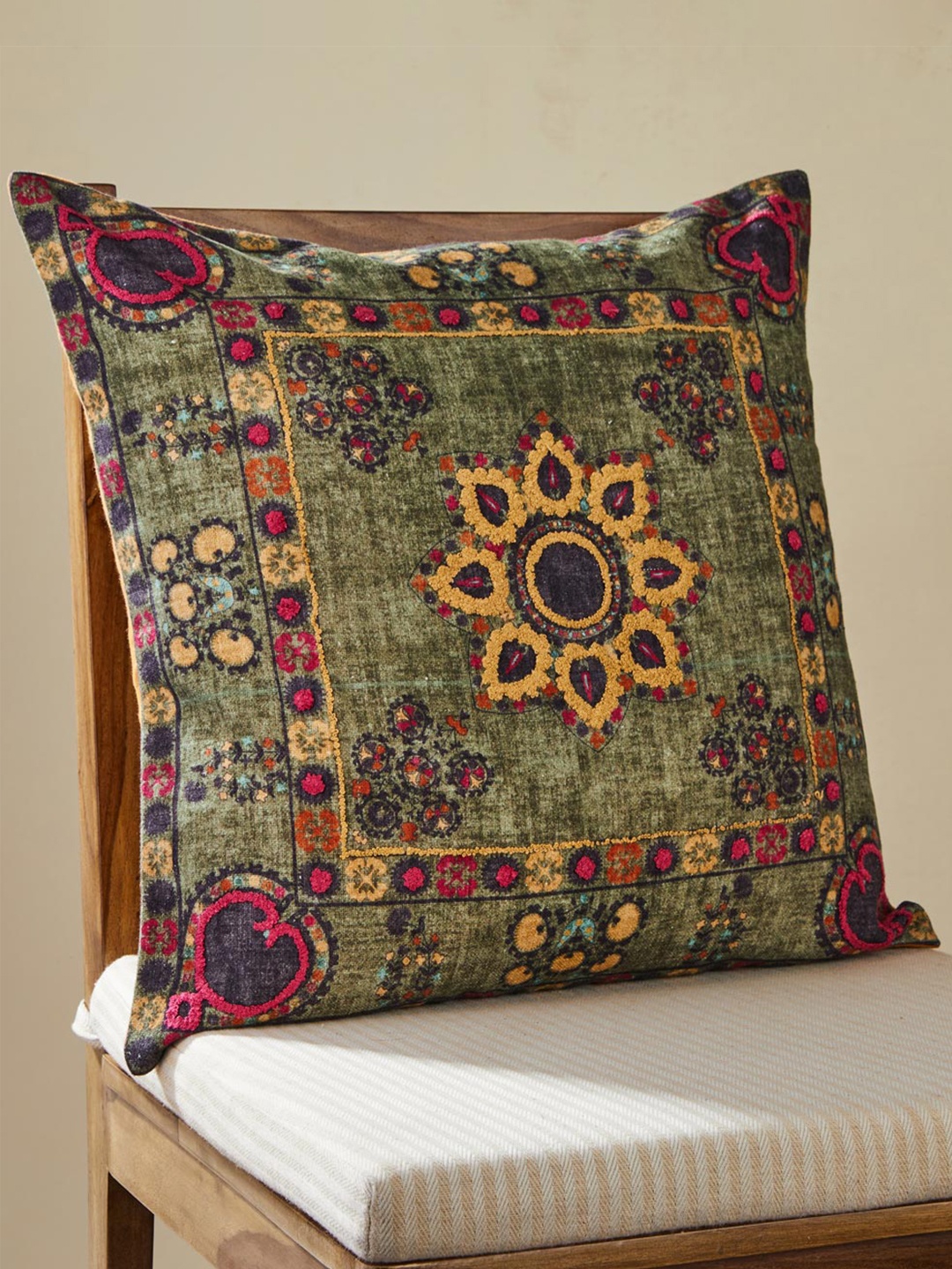 

Fabindia Green & Yellow Embroidered Cotton Square Cushion Cover