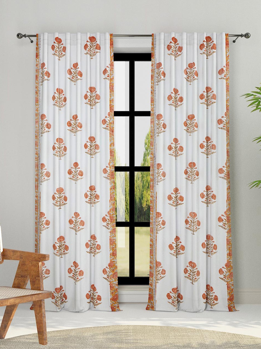 

Fabindia White & Mustard Ethnic Motifs Cotton Sheer Door Curtain