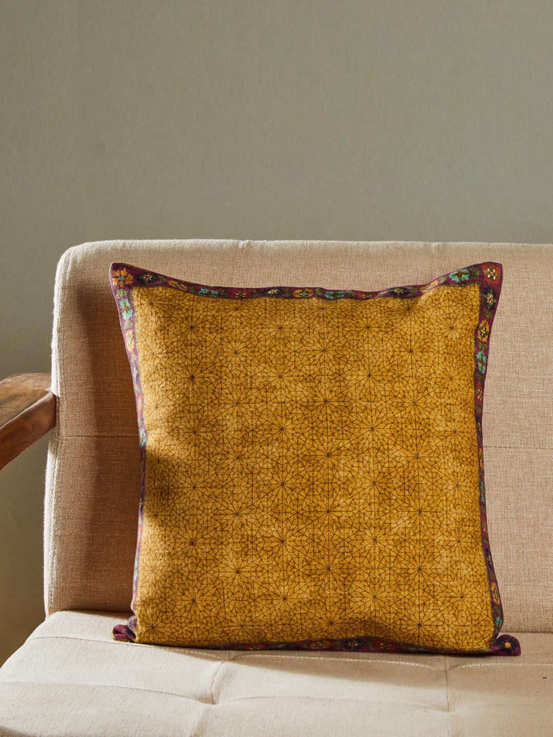 

Fabindia Izn Jaal Mustard Yellow & Pink Geometric Cotton Square Cushion Cover