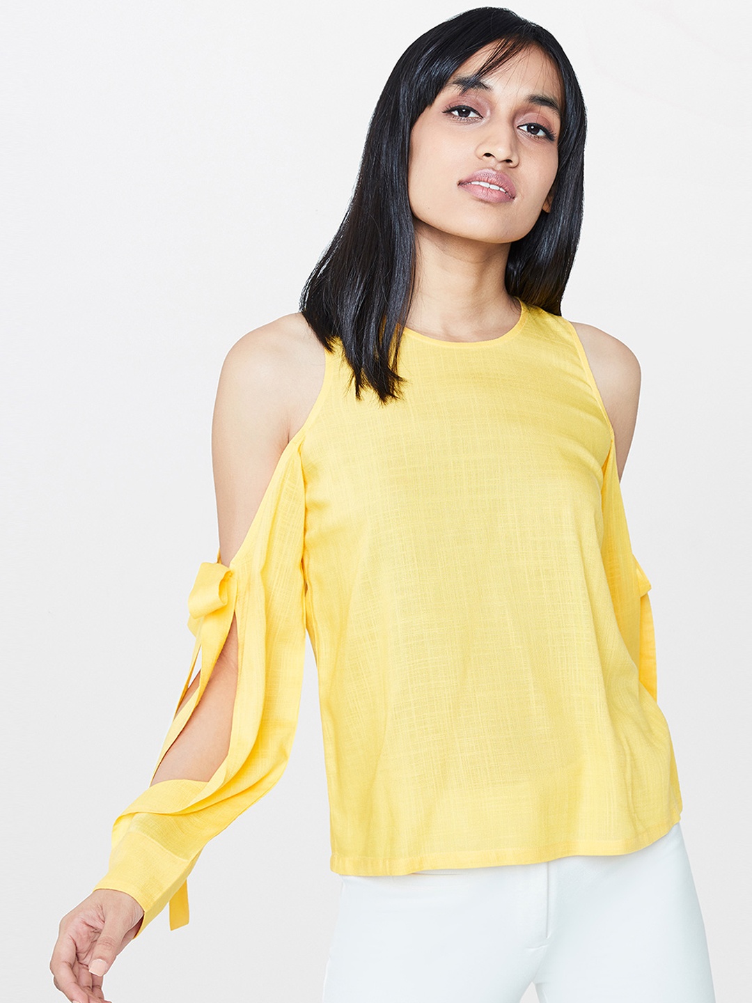 

AND Women Yellow Solid Cold-Shoulder Top