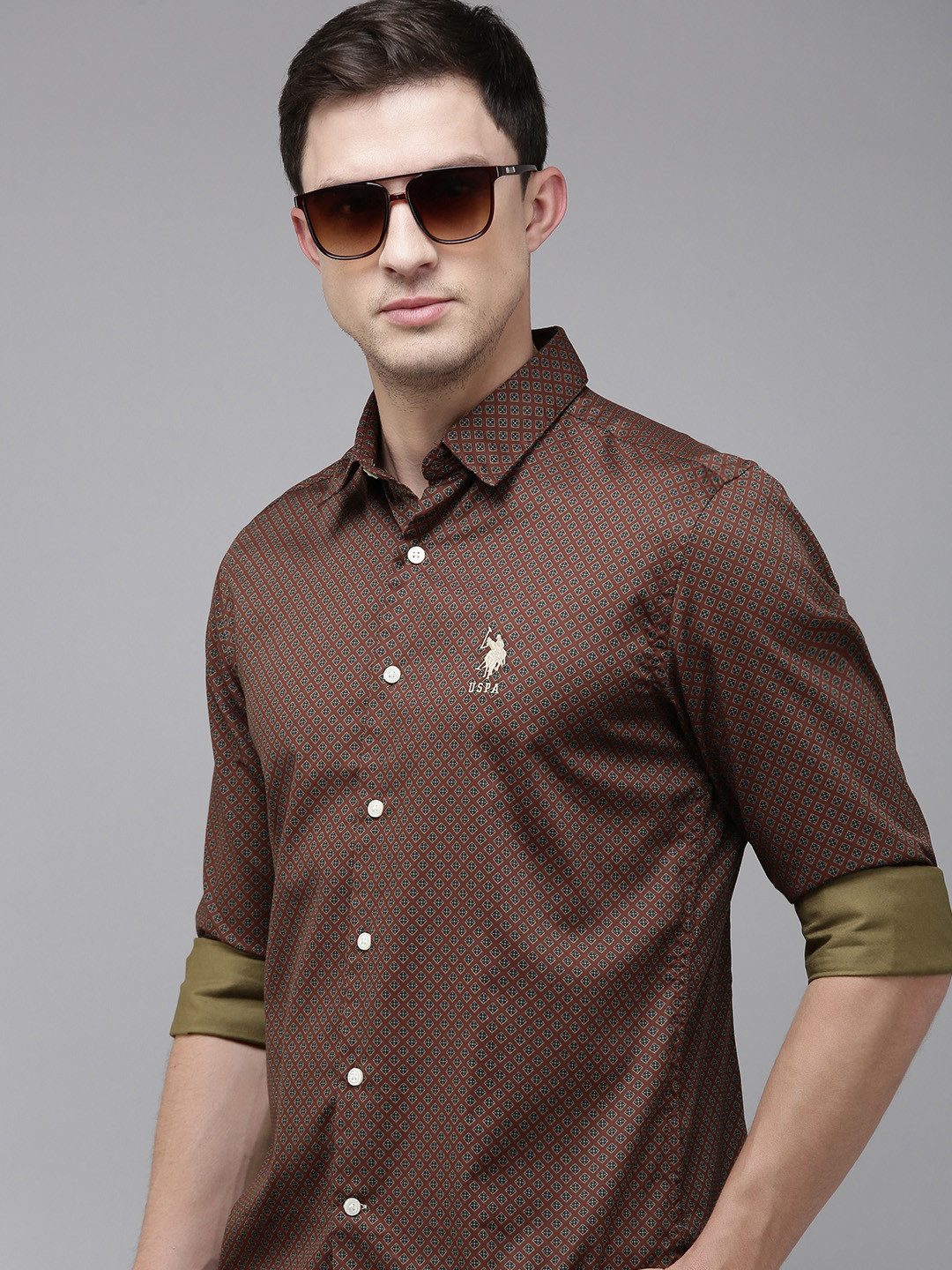 

U.S. Polo Assn. Denim Co. Pure Cotton Geometric Printed Slim Fit Casual Shirt, Brown