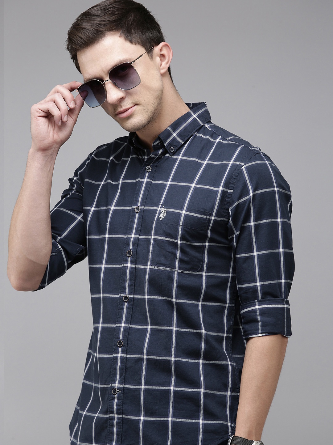 

U.S. Polo Assn. Denim Co. Pure Cotton Slim Fit Windowpane Checked Casual Shirt, Navy blue