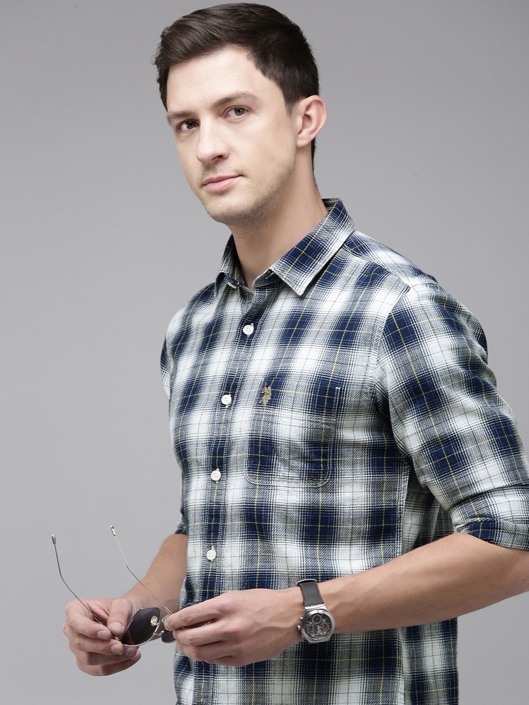 

U.S. Polo Assn. Denim Co. Pure Cotton Slim Fit Checked Casual Shirt, Navy blue