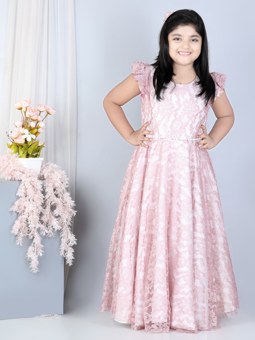 

WhiteHenz CLOTHING Girls Floral Self Design Net Maxi Dress, Peach