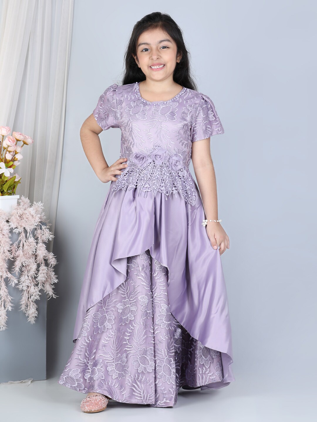 

WhiteHenz CLOTHING Girls Floral Embroidered Satin Maxi Dress, Lavender