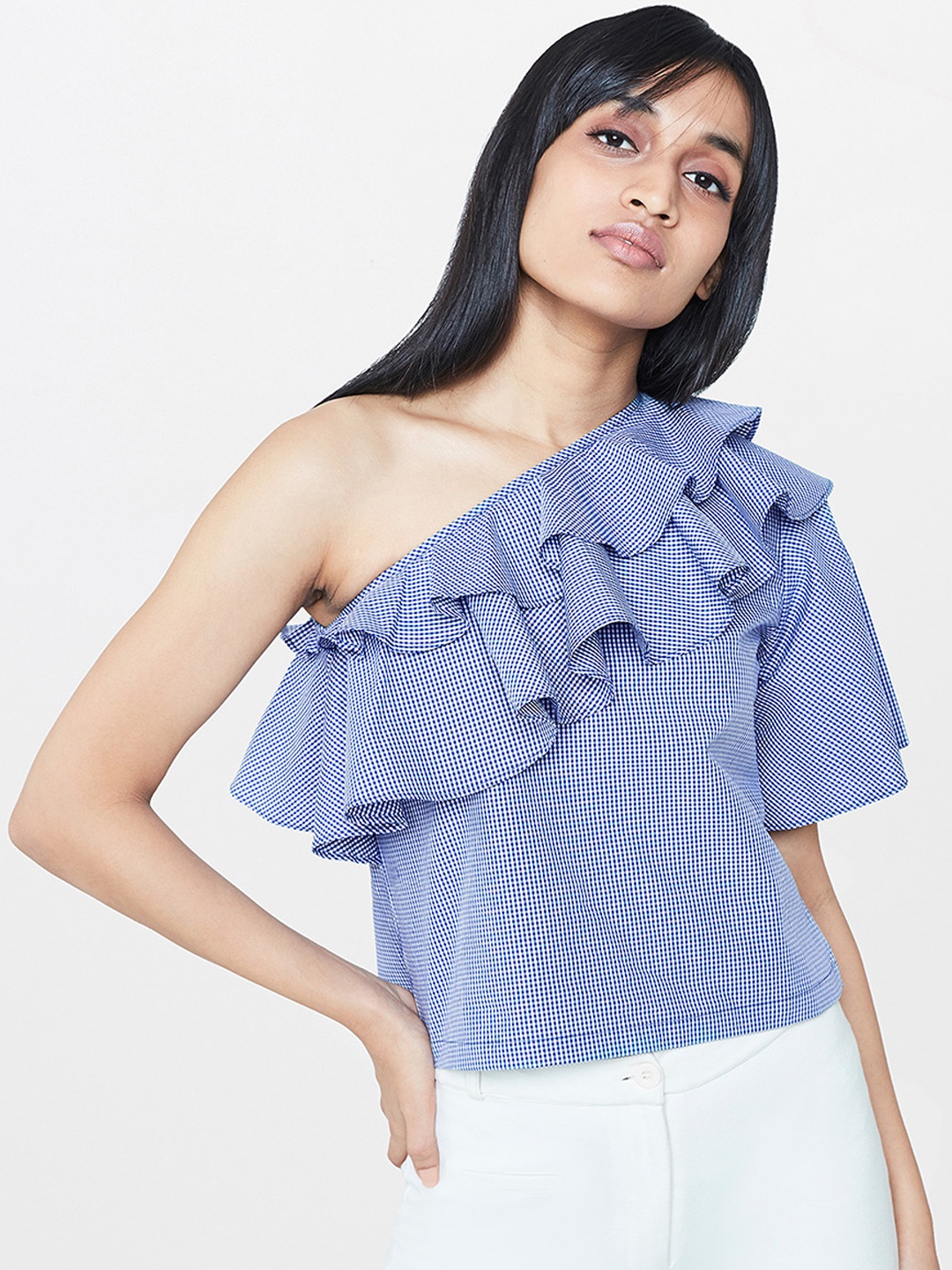

AND Women Blue Checked One-Shoulder Top