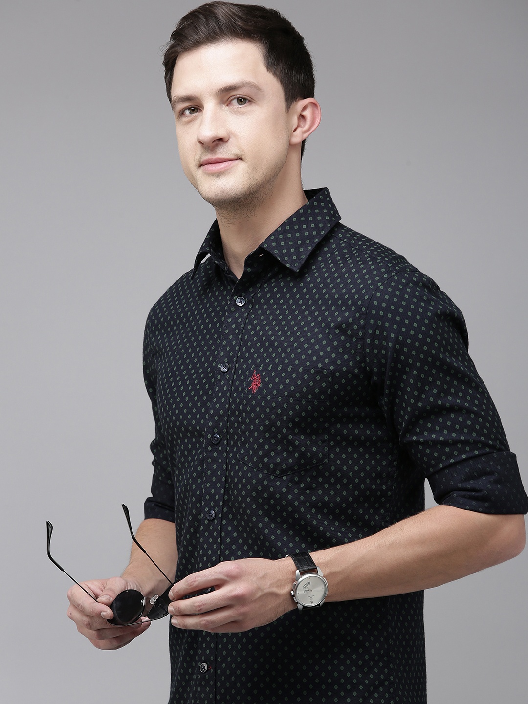 

U.S. Polo Assn. Tailored Fit Pure Cotton Printed Casual Shirt, Navy blue