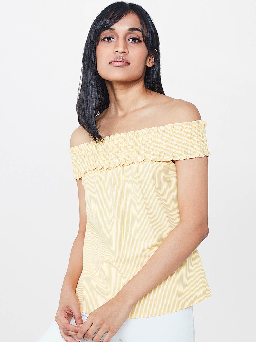 

AND Women Yellow Striped Bardot Top
