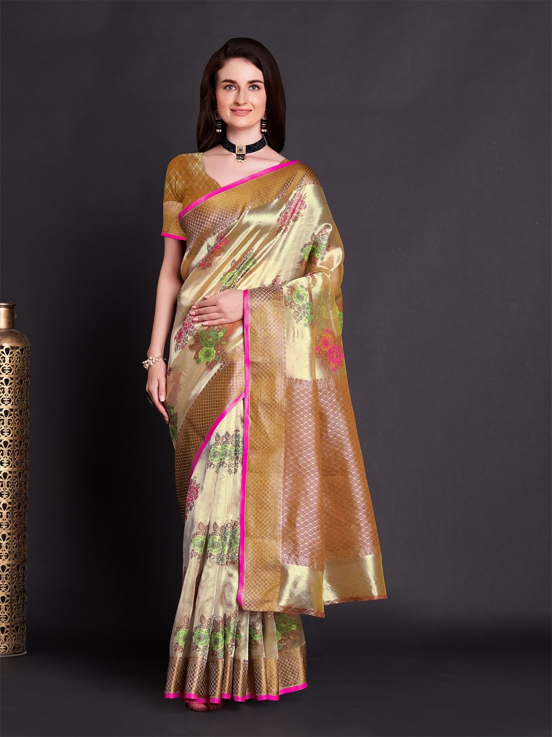 

Anouk Gold Toned & Pink Floral Woven Design Zari Saree