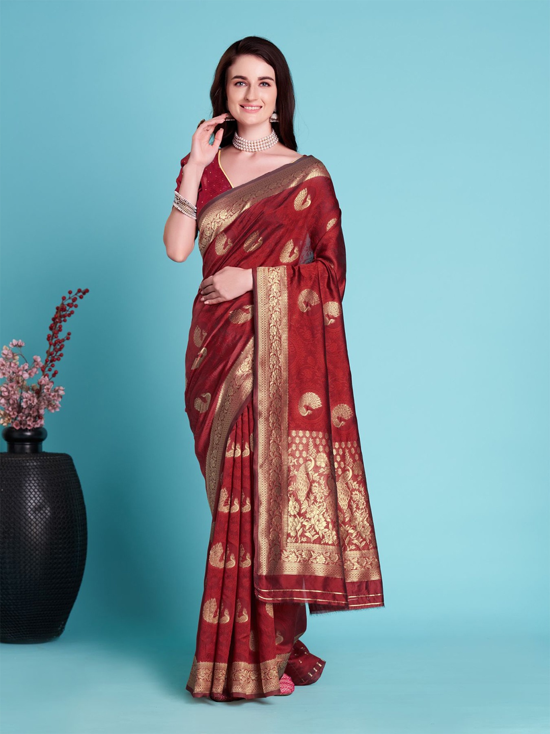 

Anouk Red Ethnic Motifs Woven Design Zari Banarasi Saree
