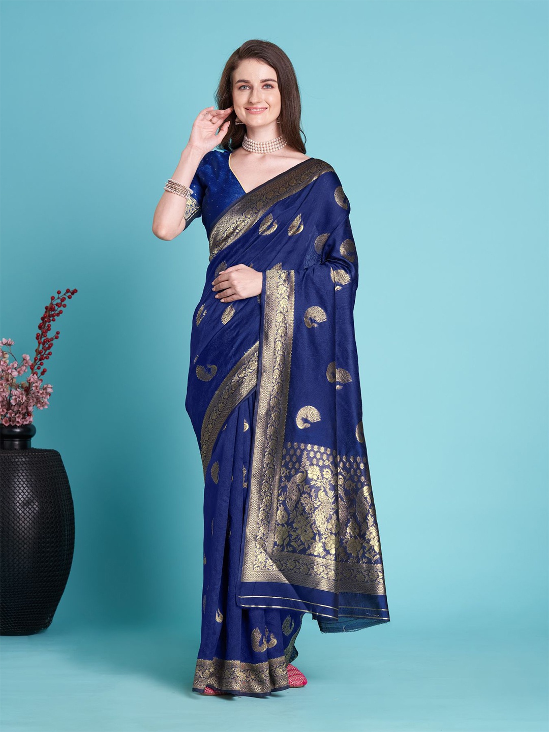 

Anouk Navy Blue Ethnic Motifs Woven Design Zari Saree