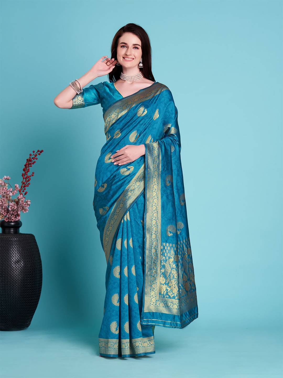 

Anouk Blue Ethnic Motifs Woven Design Zari Banarasi Saree