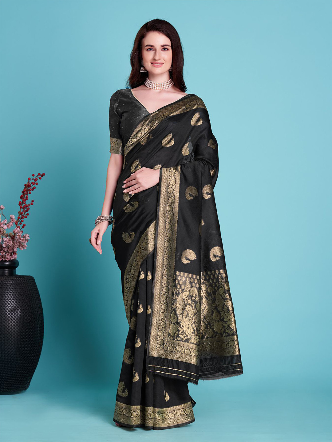 

Anouk Black & Gold Toned Ethnic Motifs Woven Design Zari Saree