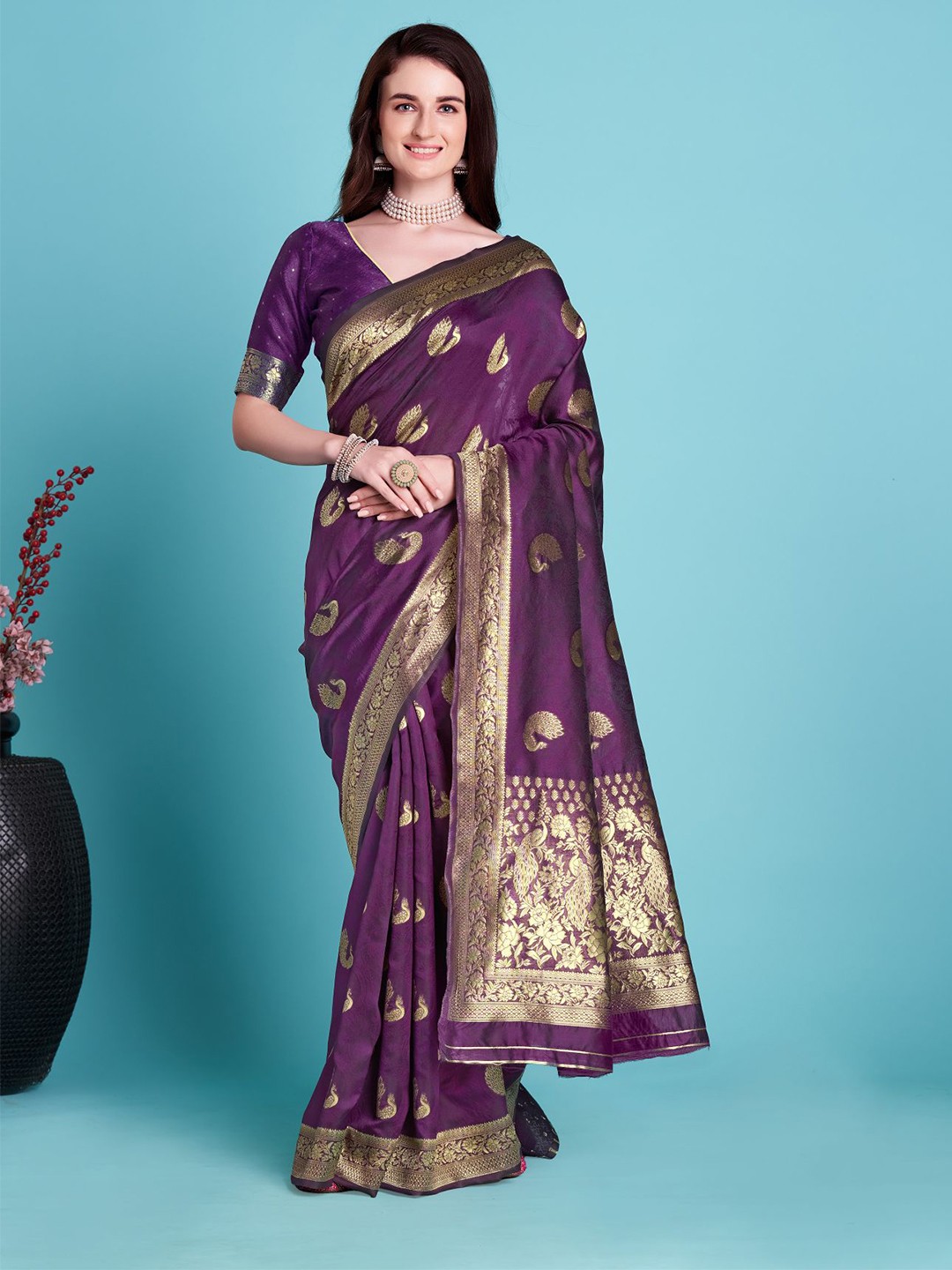 

Anouk Purple & Gold Toned Ethnic Motifs Woven Design Zari Saree