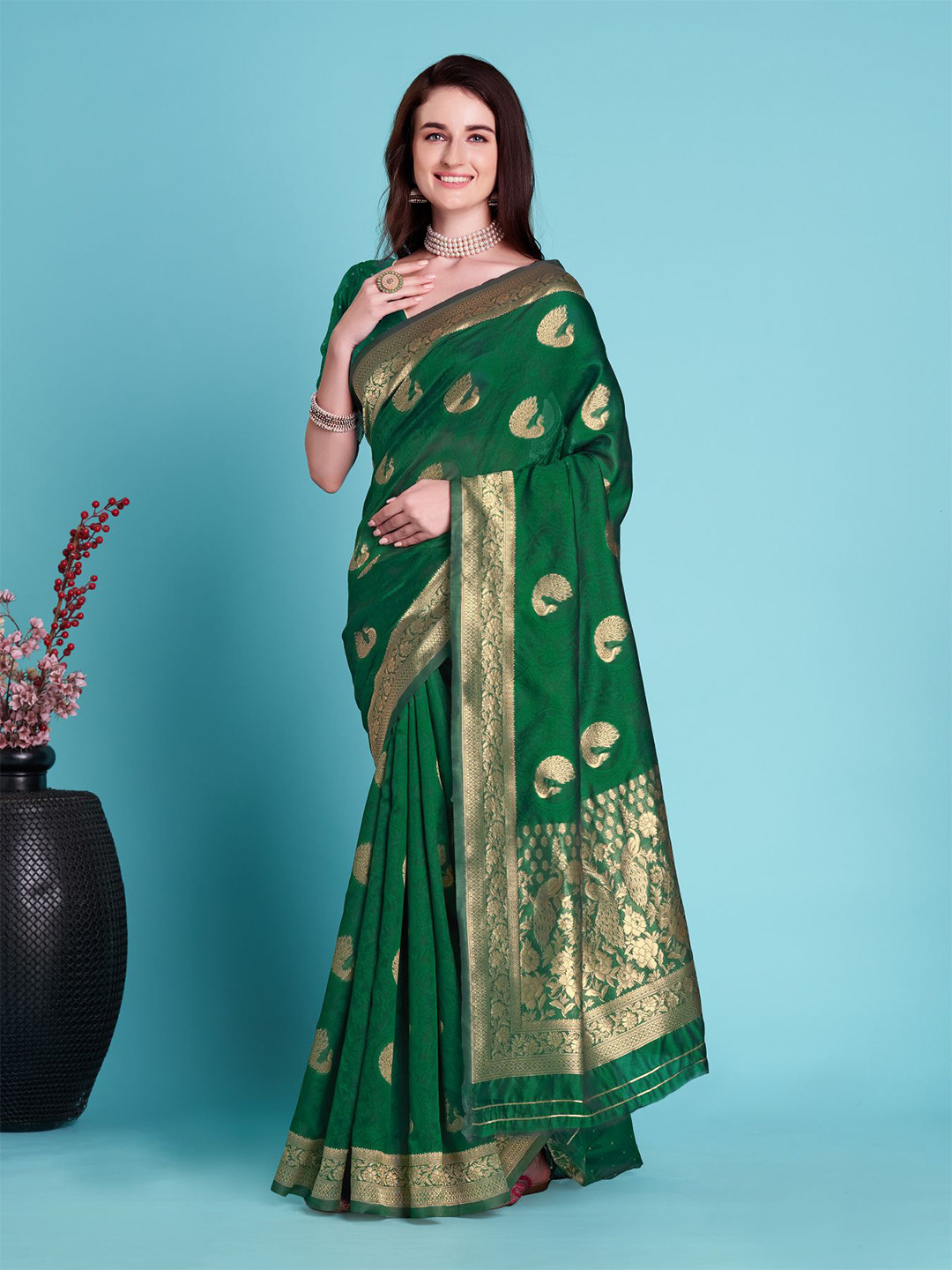 

Anouk Ethnic Motifs Woven Design Zari Banarasi Saree, Green