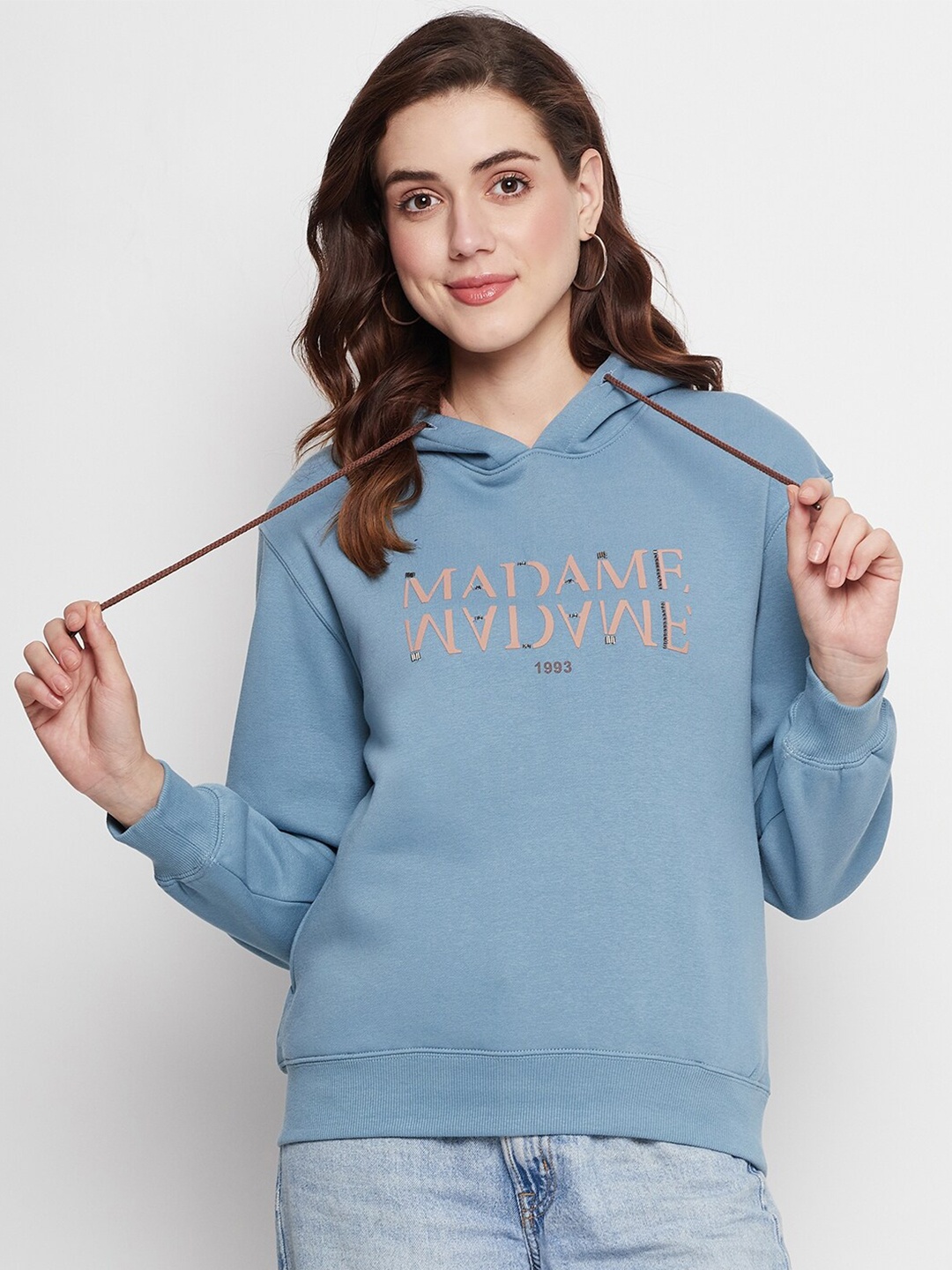 

Madame Typography Printed Hooded Cotton Sweatshirt, Blue