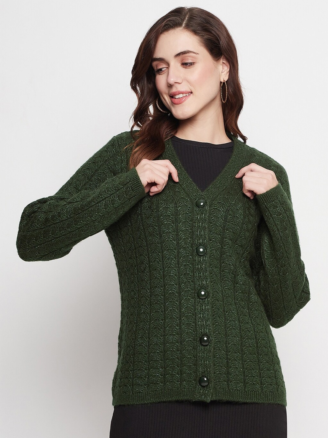 

Madame V Neck Cable Knit Ribbed Woollen Cardigan, Green