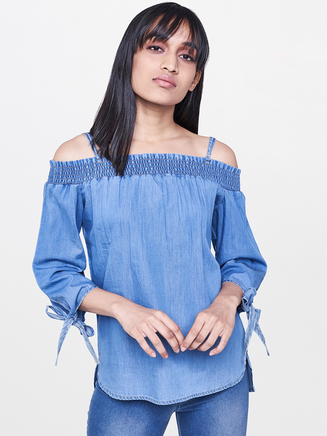 

AND Women Denim Blue Solid Bardot Pure Cotton Top