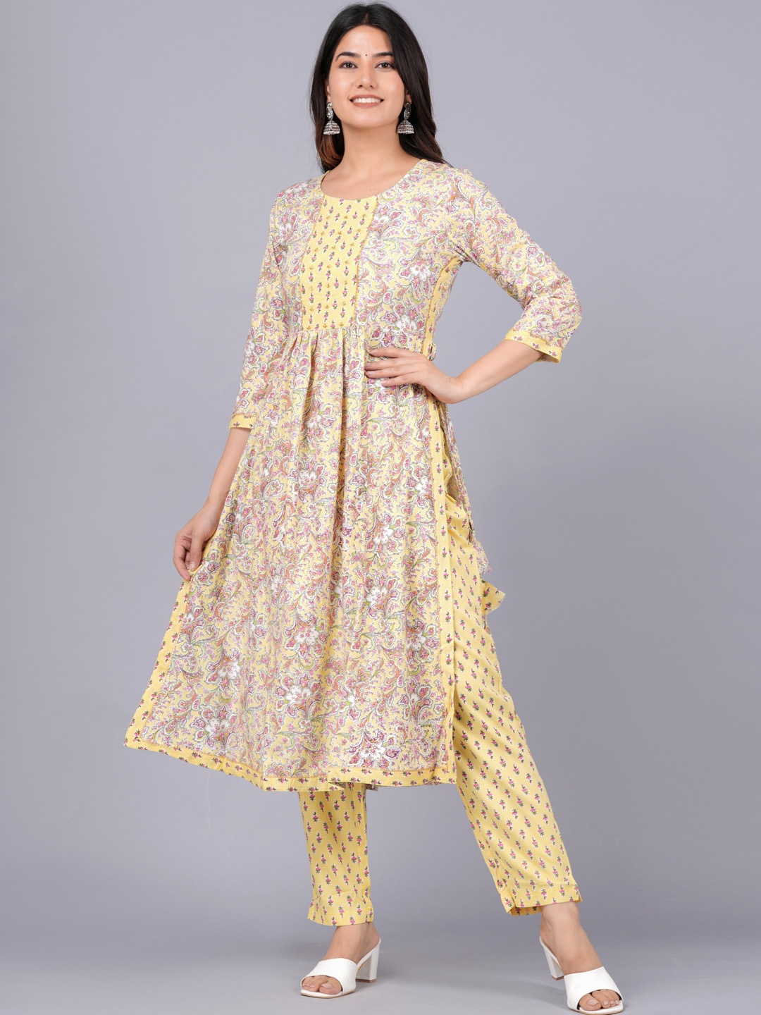 

JAIPURI COLLECTION Ethnic Motifs Printed Pure Cotton Pleated Straight Kurta & Trousers, Yellow