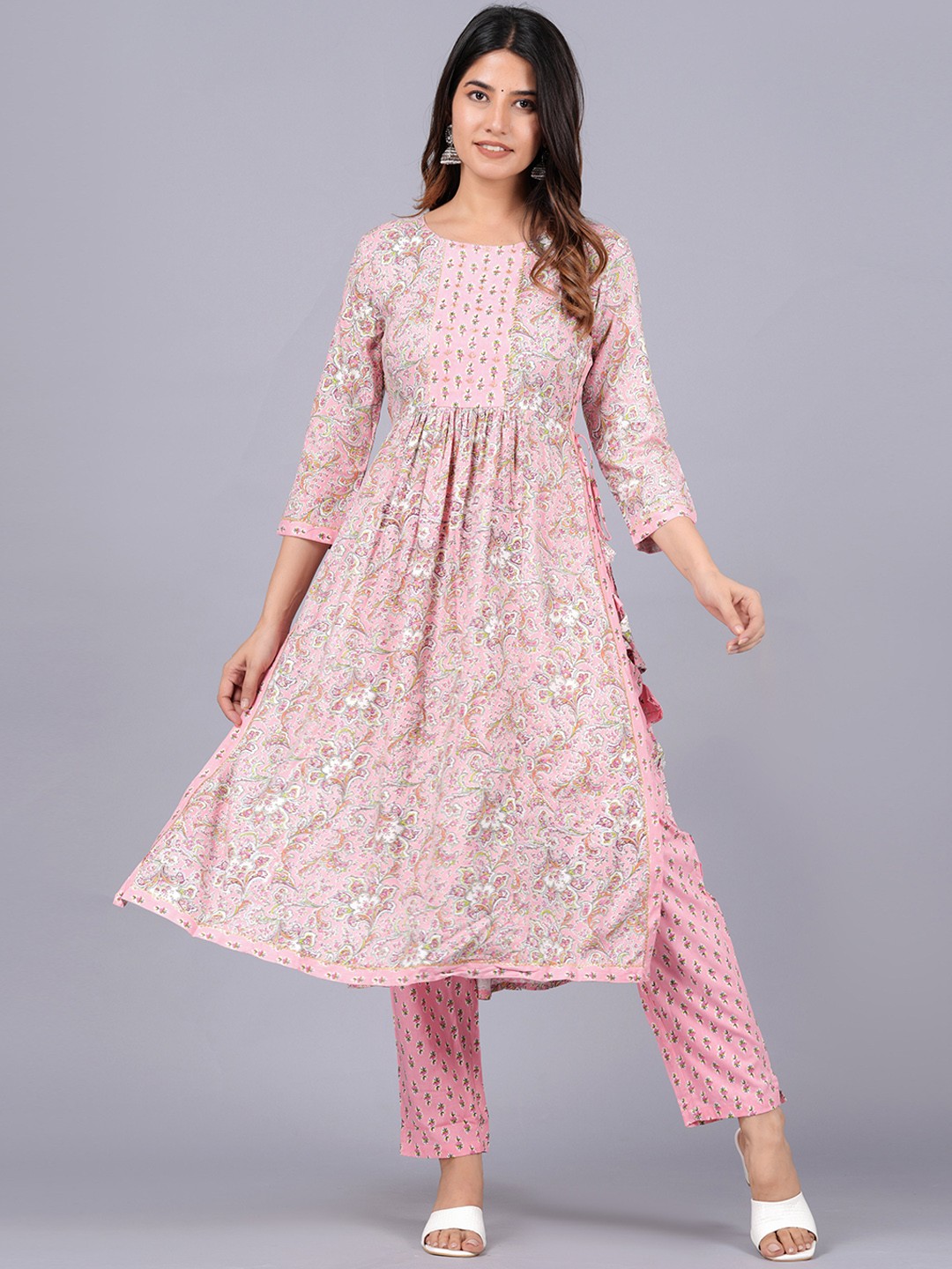 

JAIPURI COLLECTION Ethnic Motifs Printed Sequined A-Line Pure Cotton Kurta with Trousers, White